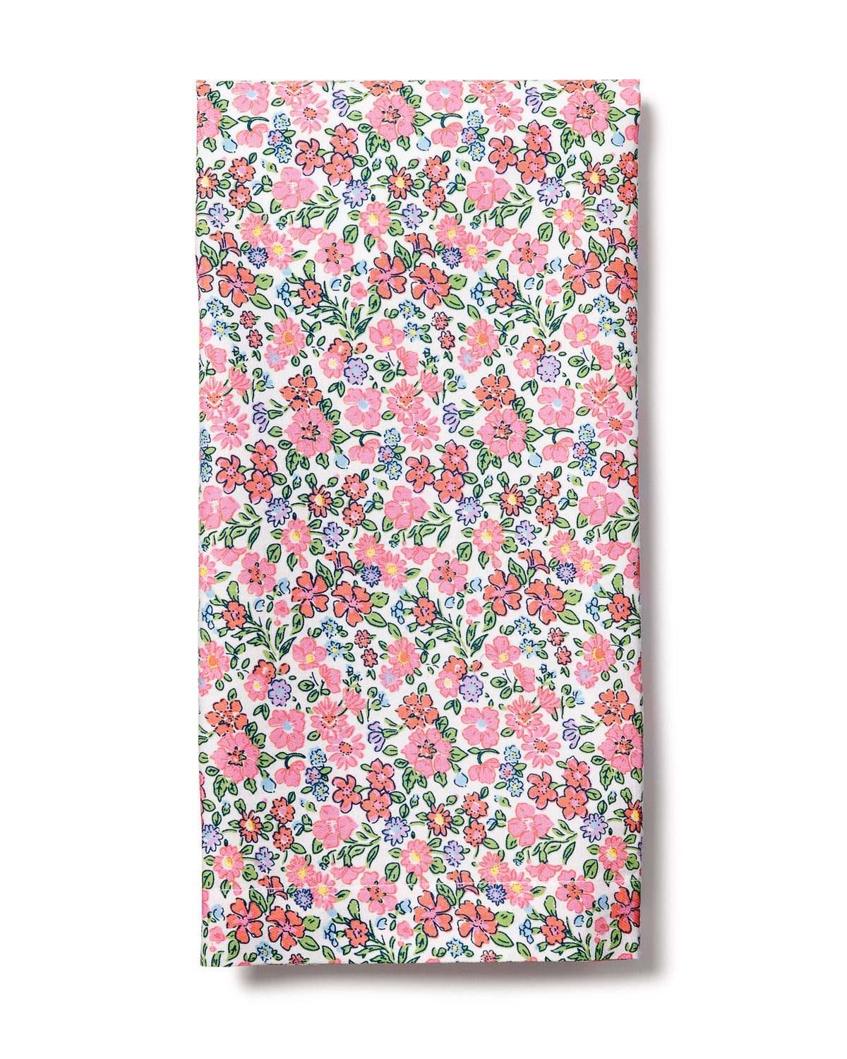 Front view of Fleurs de Rose Napkins showcasing hand-drawn pink, purple, and green floral print on white cotton