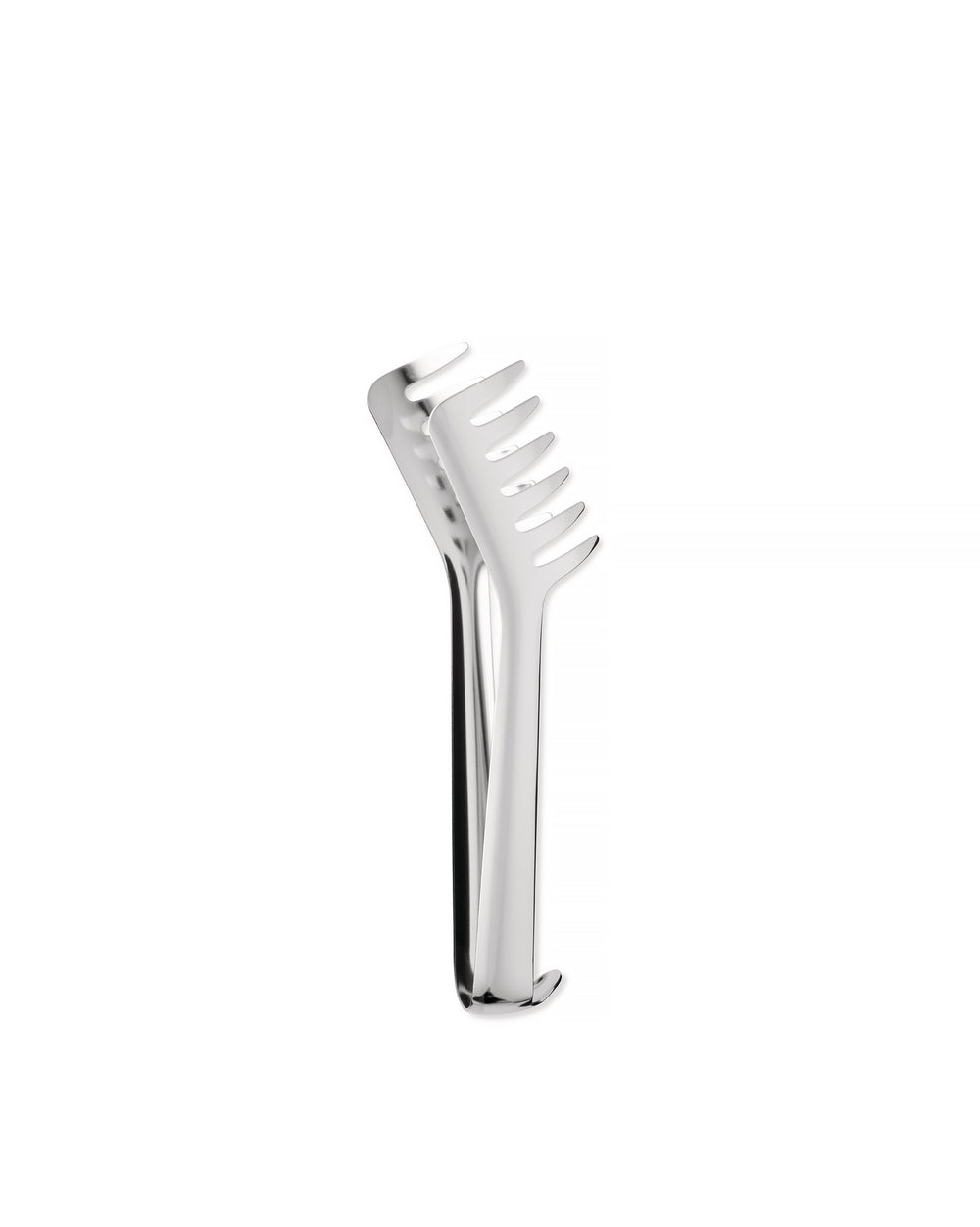 Angled view of stainless steel ice tongs showcasing forked prongs and polished satin finish on white background