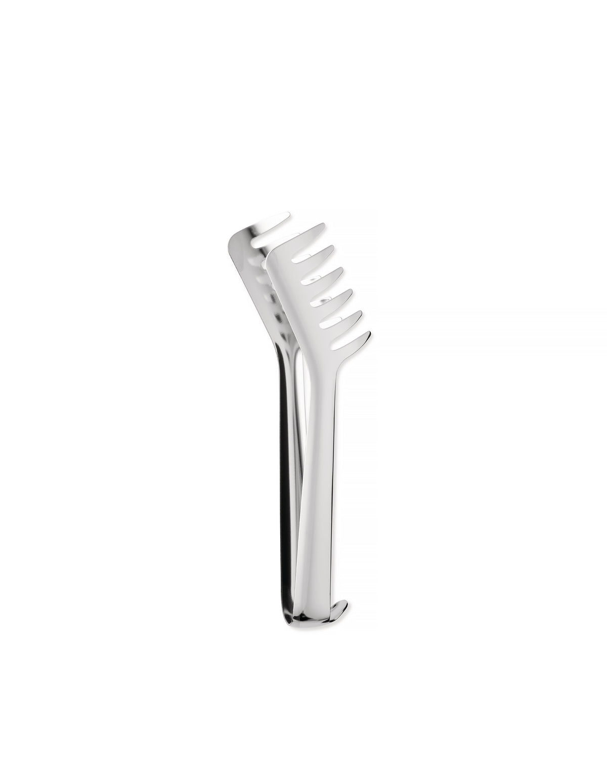 Angled view of stainless steel ice tongs showcasing forked prongs and polished satin finish on white background