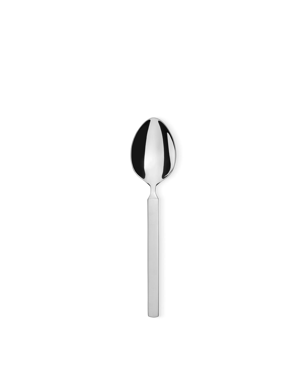 Top view of Alessi Dry serving spoon showcasing mirror-polished bowl and matte rectangular handle with white background