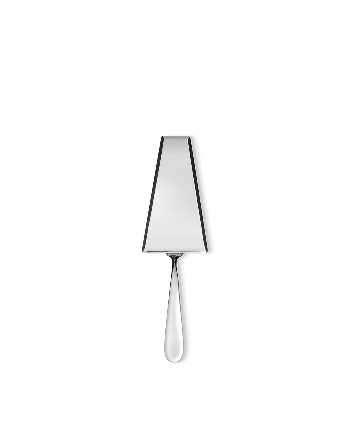 Front view of Nuovo Milano Cake Server showcasing its smooth stainless steel design with a white background