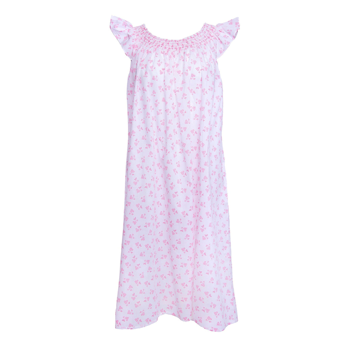 Front view of Vivian Cotton Nightgown in Pink showcasing flutter sleeves, smocked neckline, and floral pattern