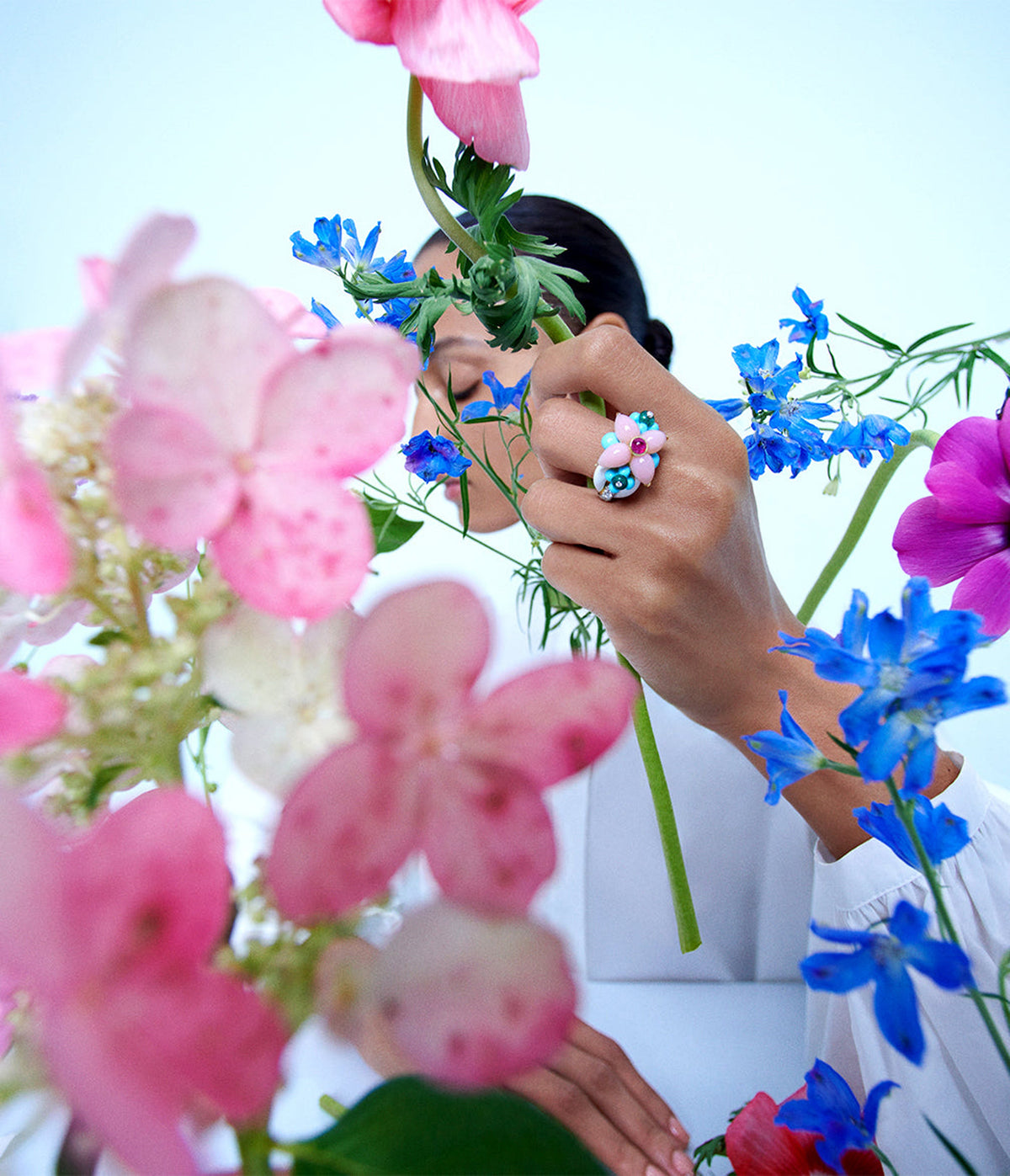 Asheville Ring in White Enamel, Pink Opal, and Diamonds