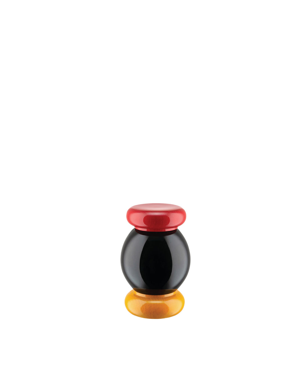 Front view of Alessi Salt-Pepper Castor showing black spherical body with red top and yellow wood base on white background