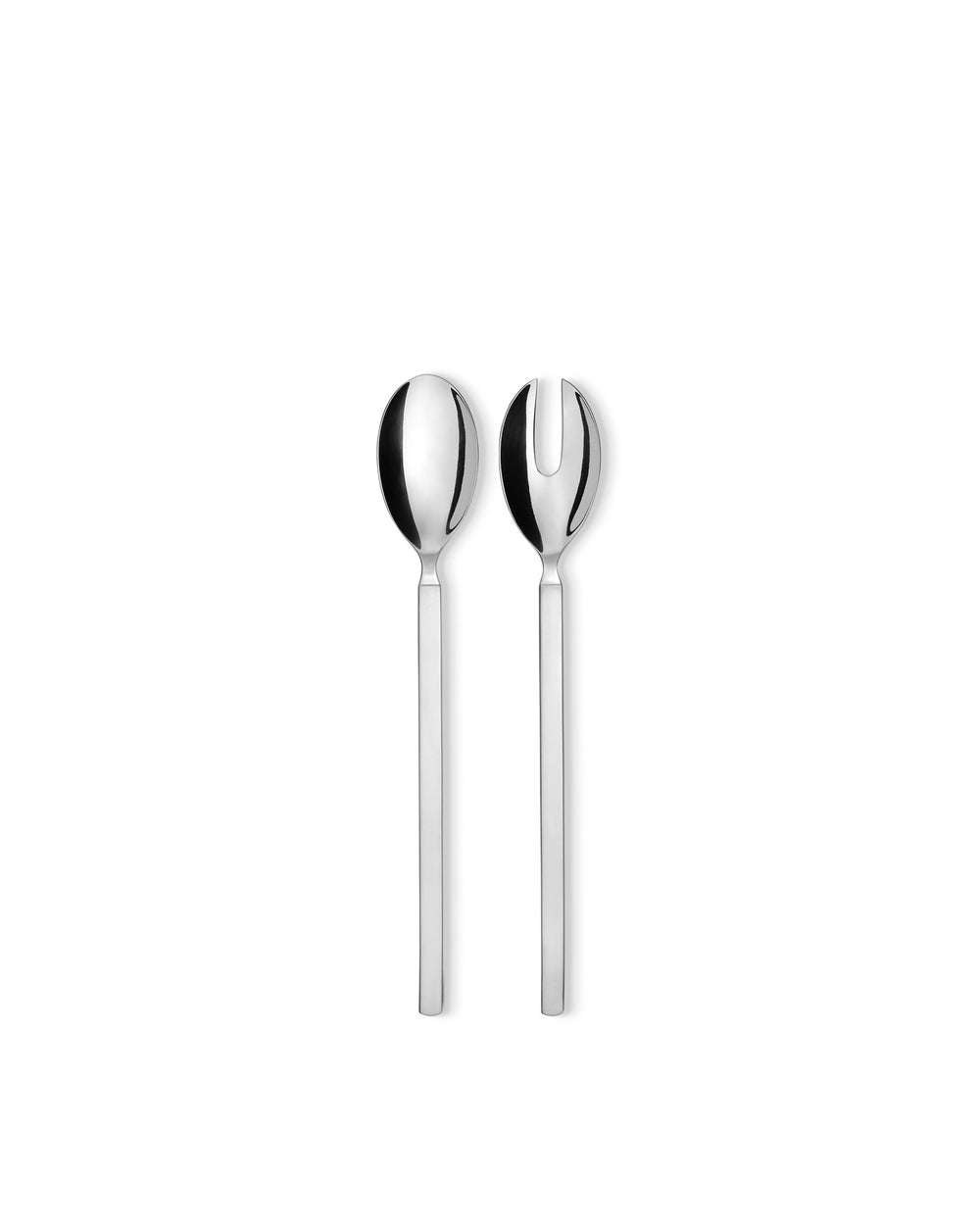 Top view of Dry salad serving set showcasing one solid and one forked spoon with long square handles on white background