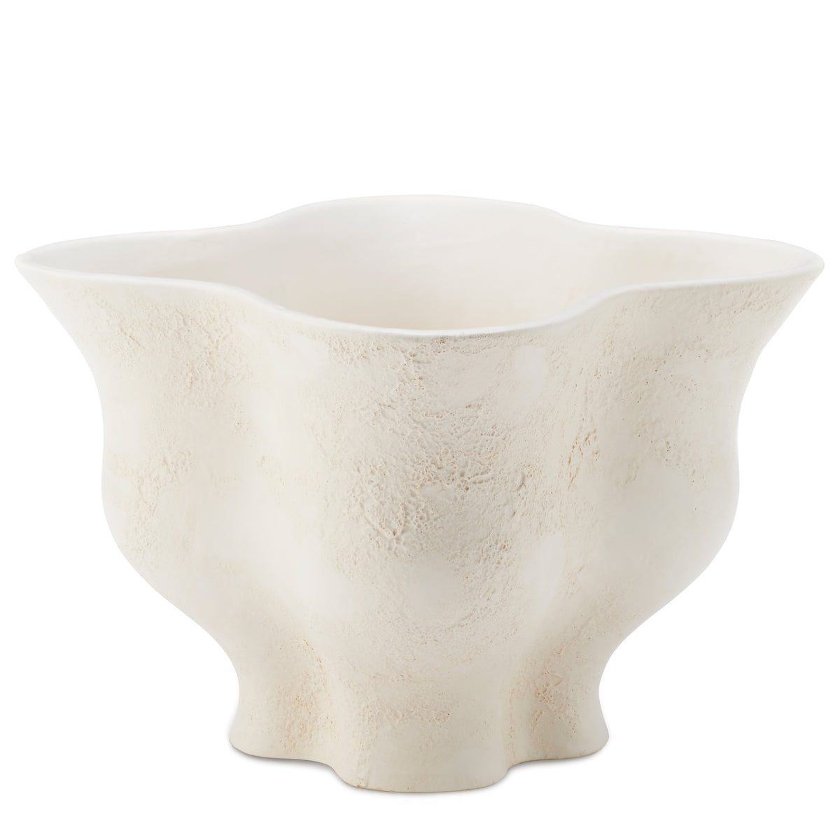 Angled front view of Corvo cachepot showcasing scalloped rim and organic textured off-white ceramic on white background