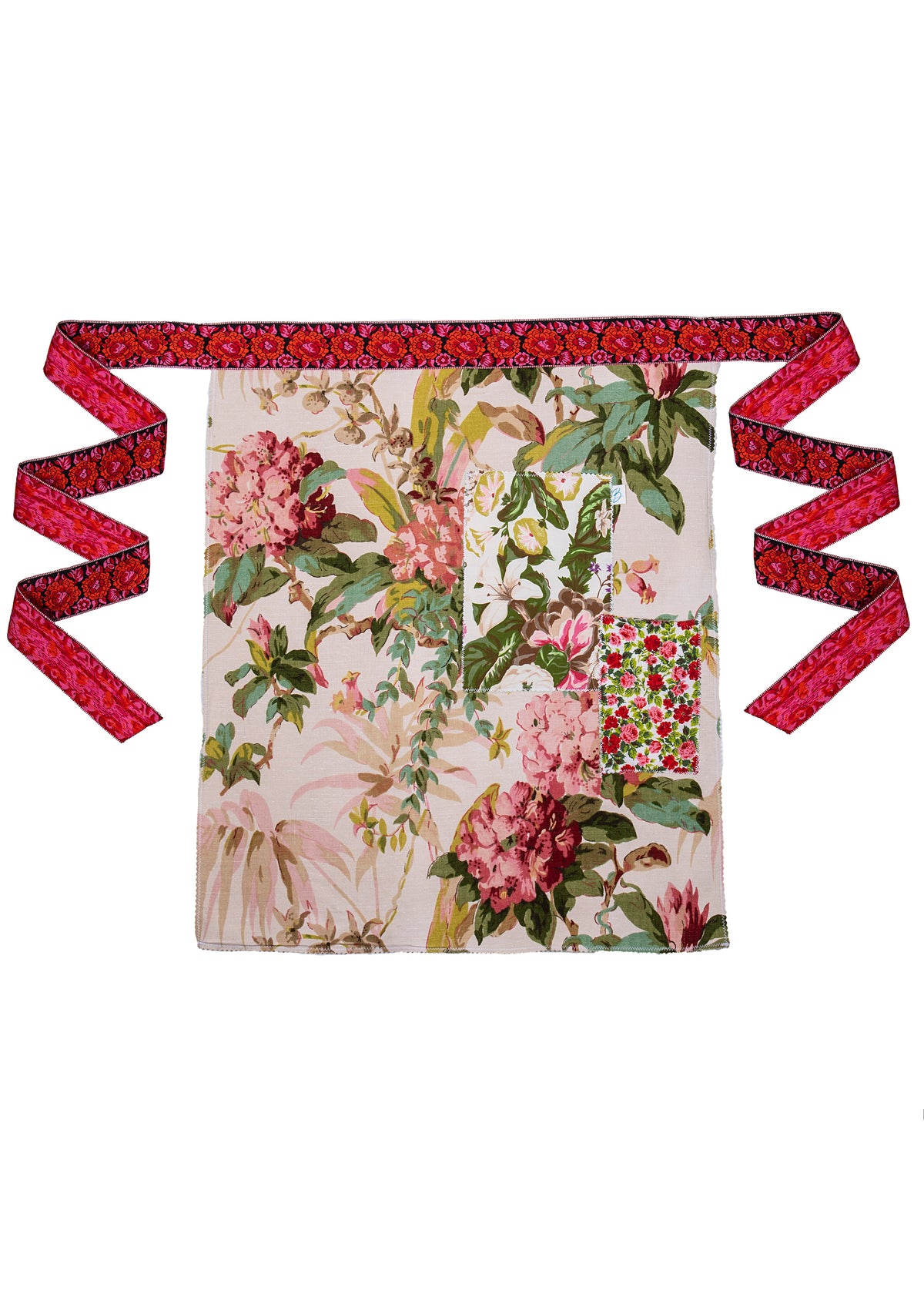 Vintage Rhododendron Apron with Mixed Floral Pockets and Pink Red Ribbon
