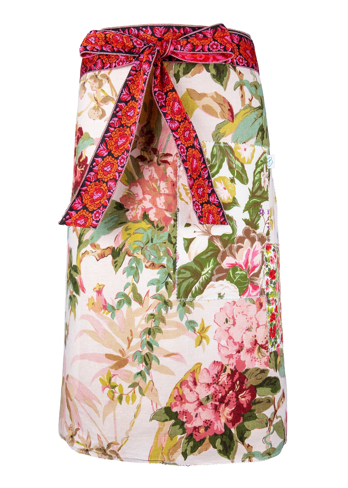 Vintage Rhododendron Apron with Mixed Floral Pockets and Pink Red Ribbon