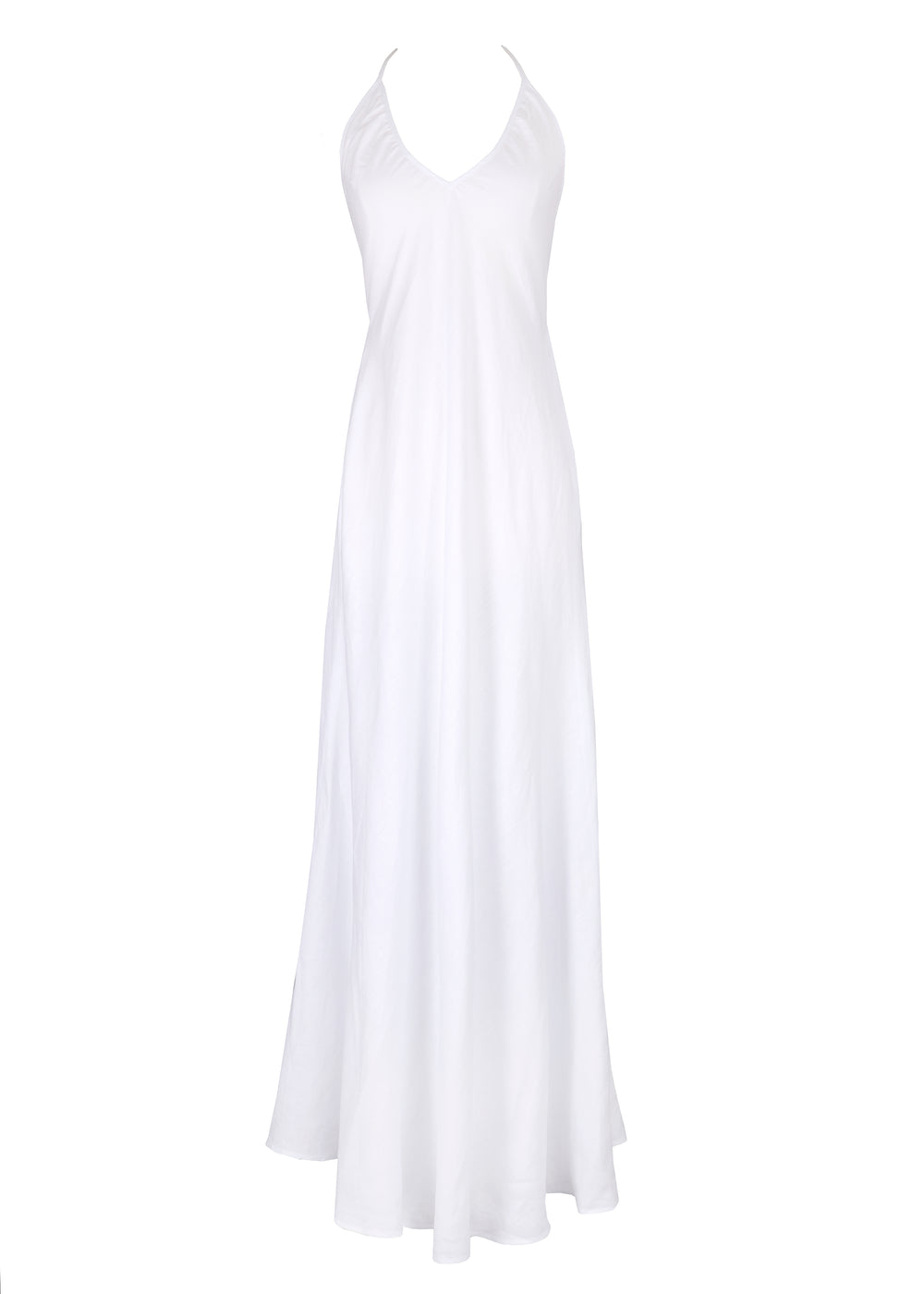 Front view of Saff Dress showcasing V-neck, thin straps, and full-length flowing skirt on white background