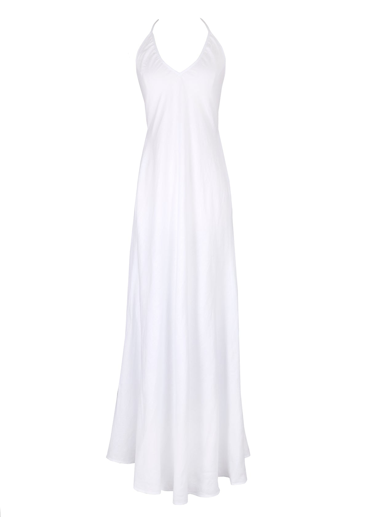 Front view of Saff Dress showcasing V-neck, thin straps, and full-length flowing skirt on white background