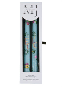 OTM Exclusive: Teal Floral Monogram Hand-Painted Taper Candles, Set of Two