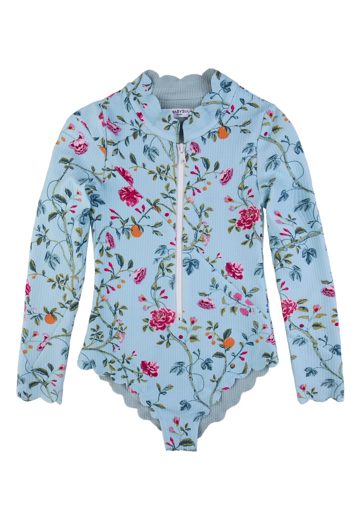 Front view of Bumby North Sea Rashguard in Blue Floral showcasing floral print, zipper, and scalloped hem on white background