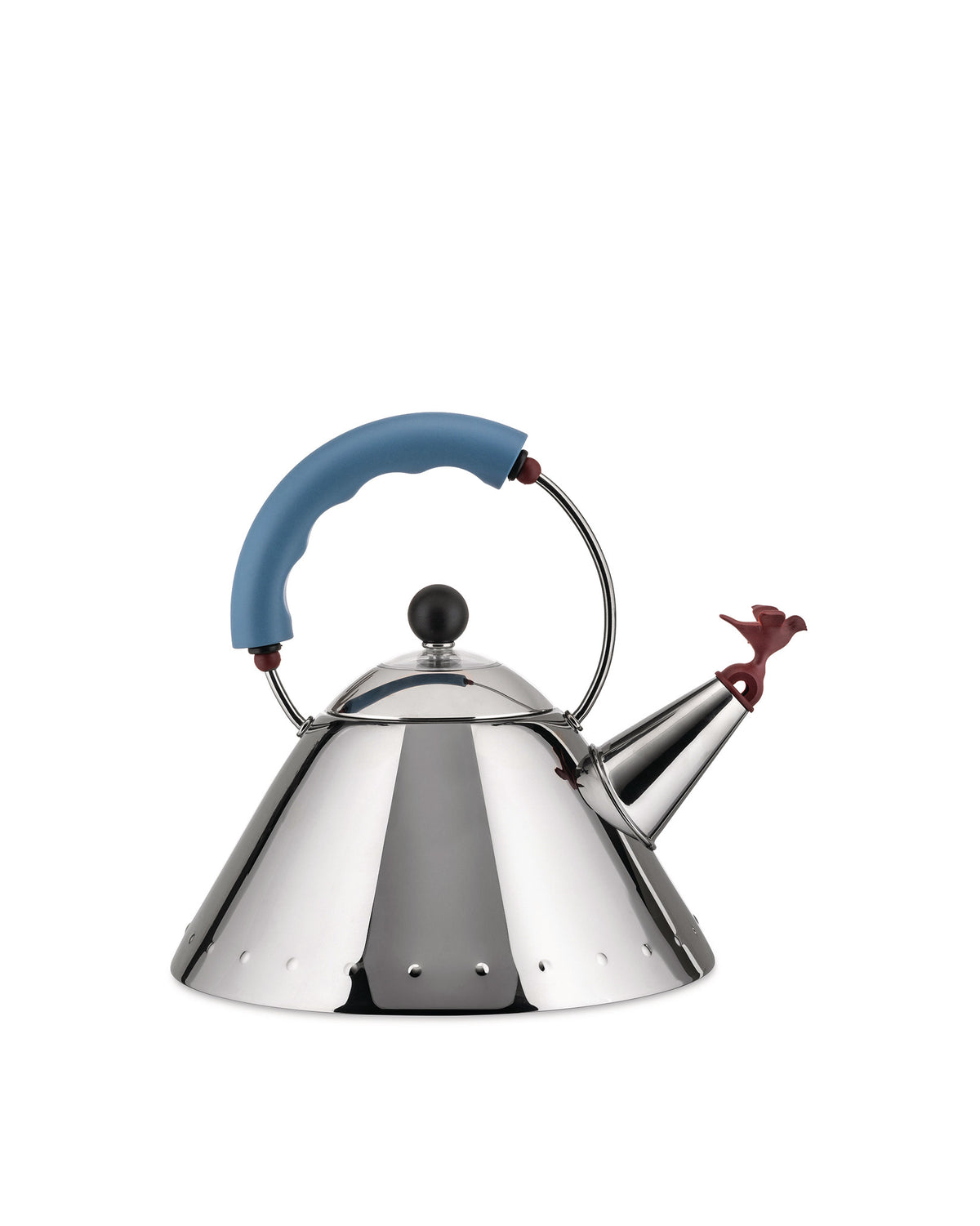 Three-quarter front view of Alessi kettle showcasing stainless steel body, light blue handle and red bird whistle on white