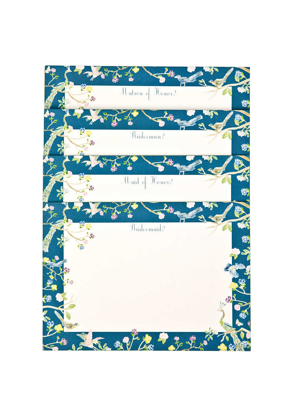 Front view of bridesmaid cards with blue floral border and cream panels labeled Matron of Honor and Bridesmaid