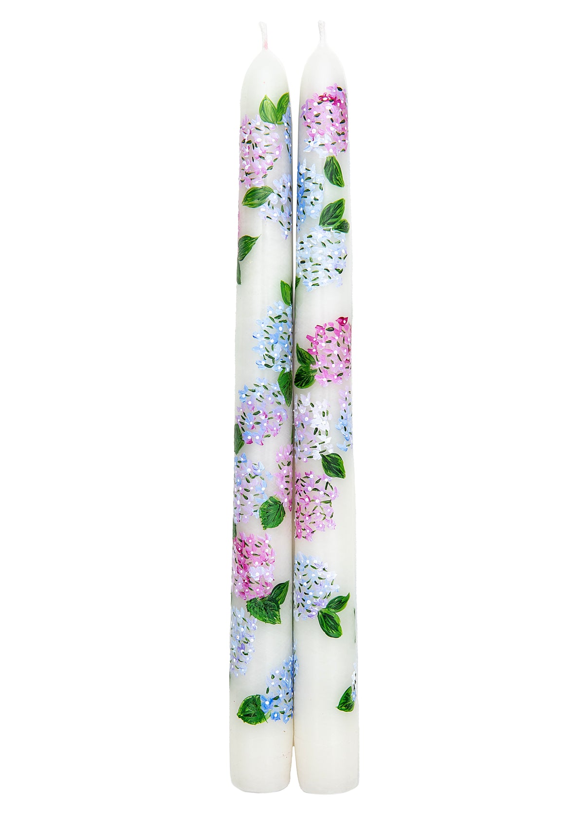 Ivory Summer Hydrangeas Hand-Painted Taper Candles, Set of Two