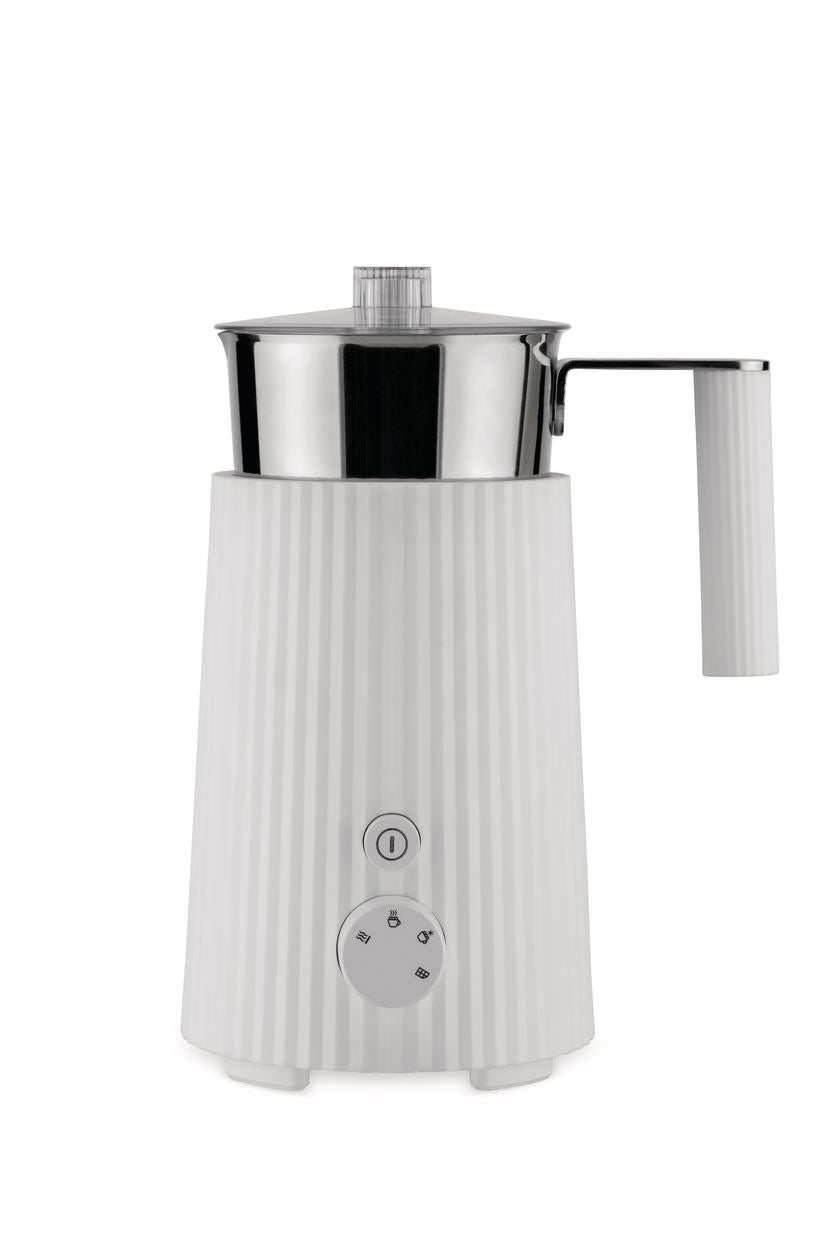 Front view of Plisse Milk Frother with white pleated body, reflective top, handle, and controls on white background