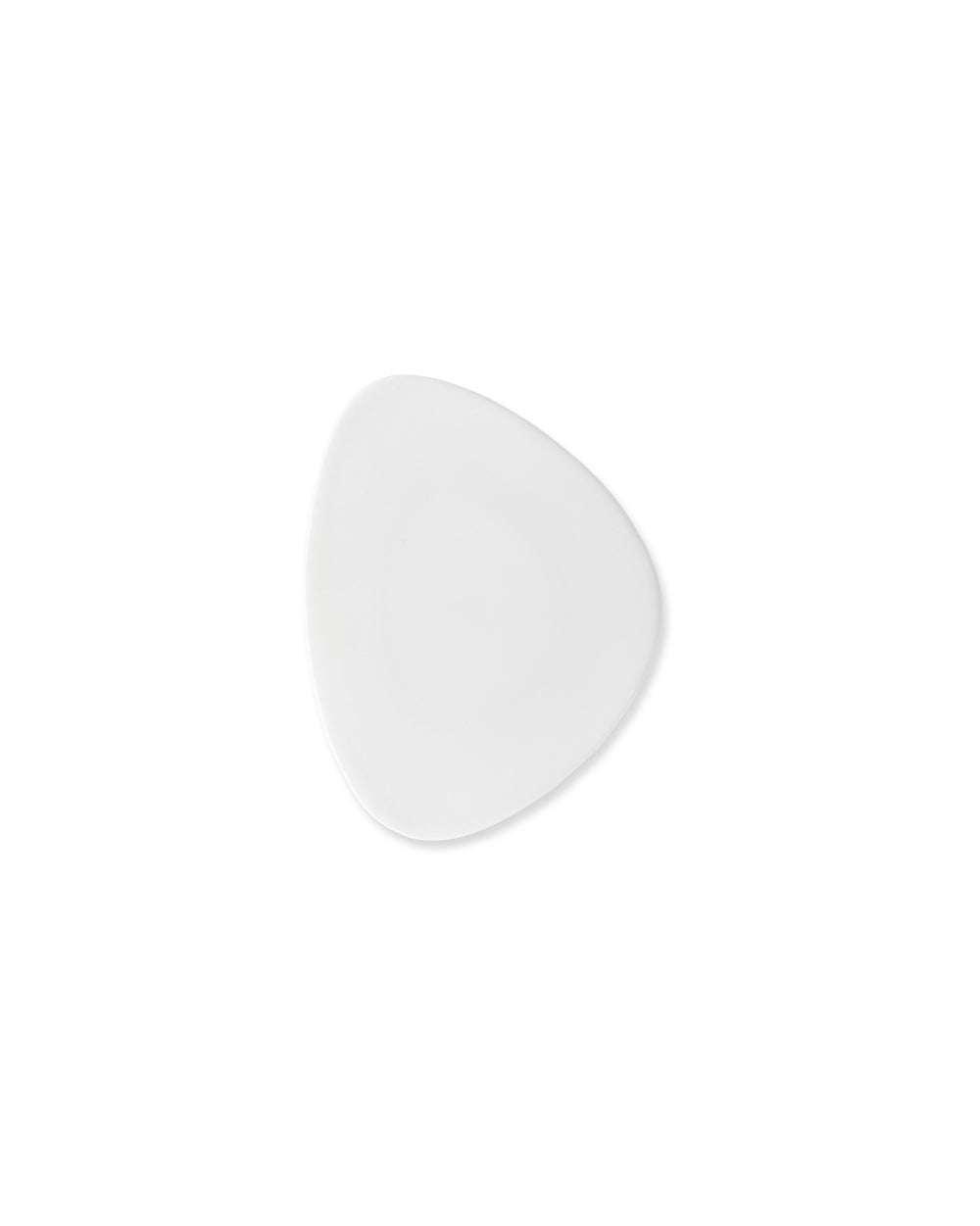 Top-down view of Colombina coffee saucer showing its triangular organic shape in white bone china on a white background