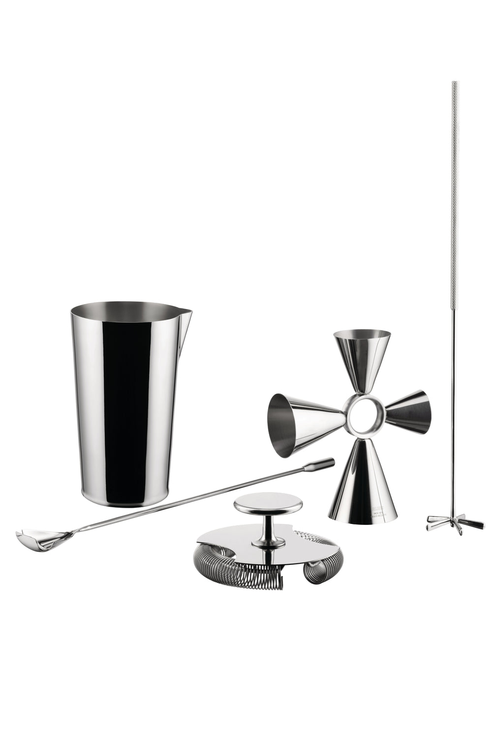 Alessi Tending Box set, front: stainless steel mixing glass, four-way jigger, coiled strainer, bar spoon and baton on white