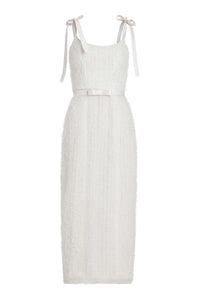 Aurelia White Dotted Ruffle Tulle Corset Dress Tie Strap And Back Slit