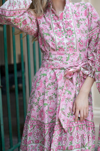 Sue Sartor Flounce Dress in Pink & Green Garden Party Print