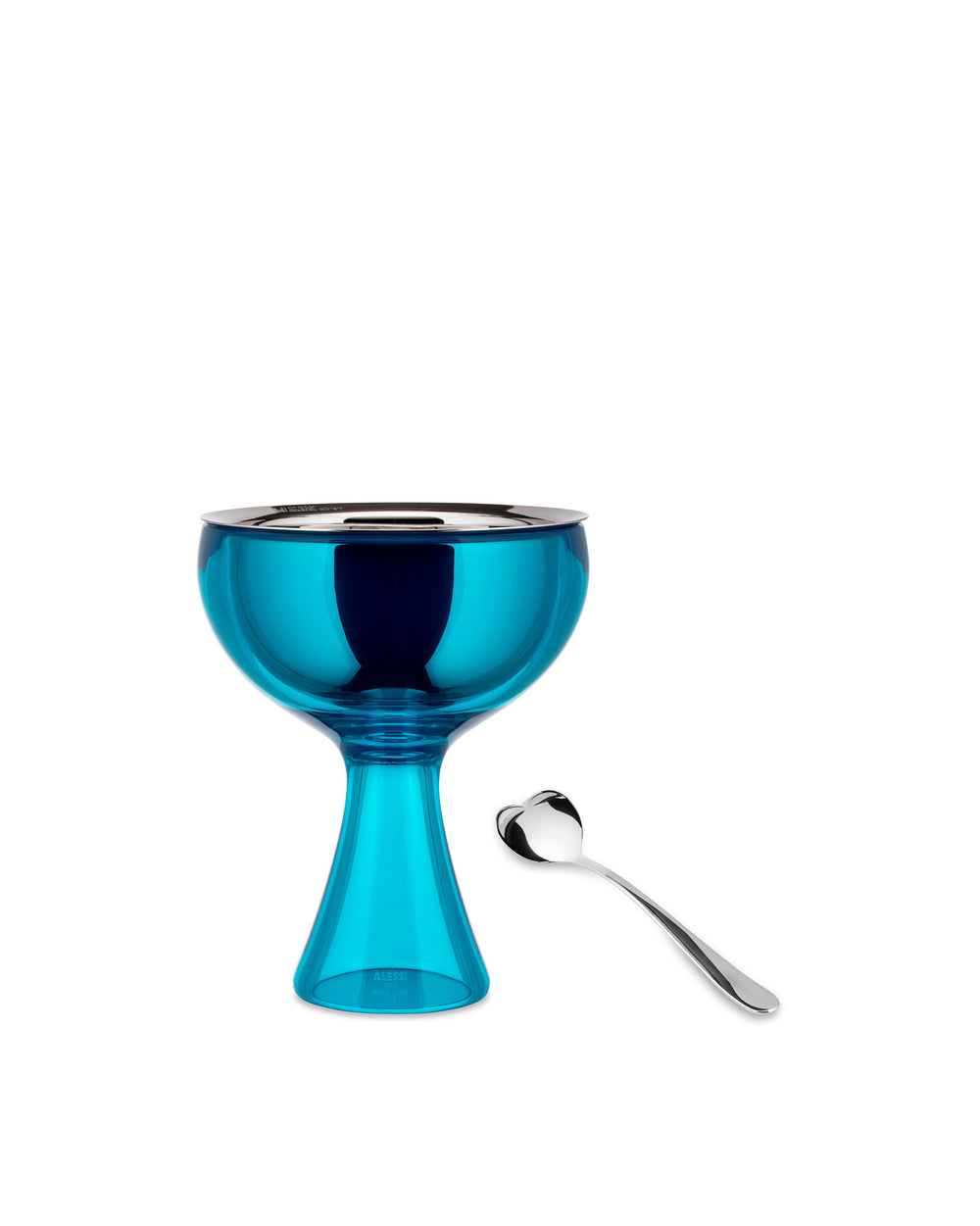 Front view of Big Love pedestal bowl in translucent blue with stainless steel rim and heart-shaped spoon on white background
