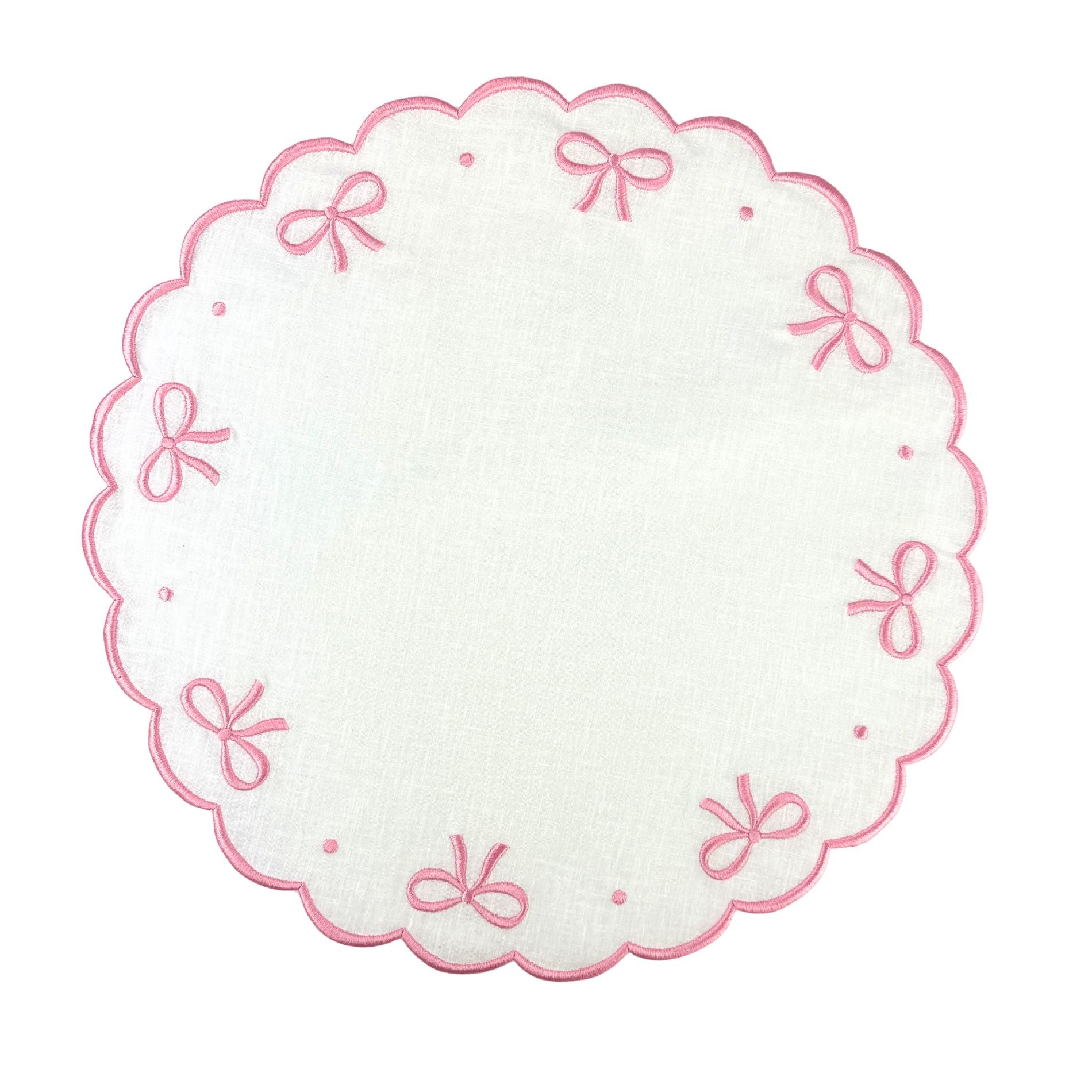 luxury placemat Swiss Linen white placemat with pink embroidery and bow motif