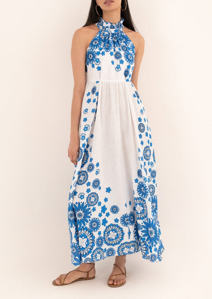 Stella Linen Maxi Dress in Space Flower Blue