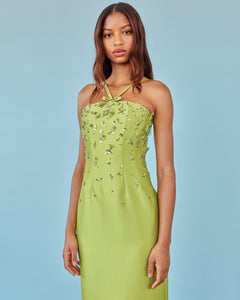 Sofia Dress in Lime Silk Wool with Sporadic Sequins