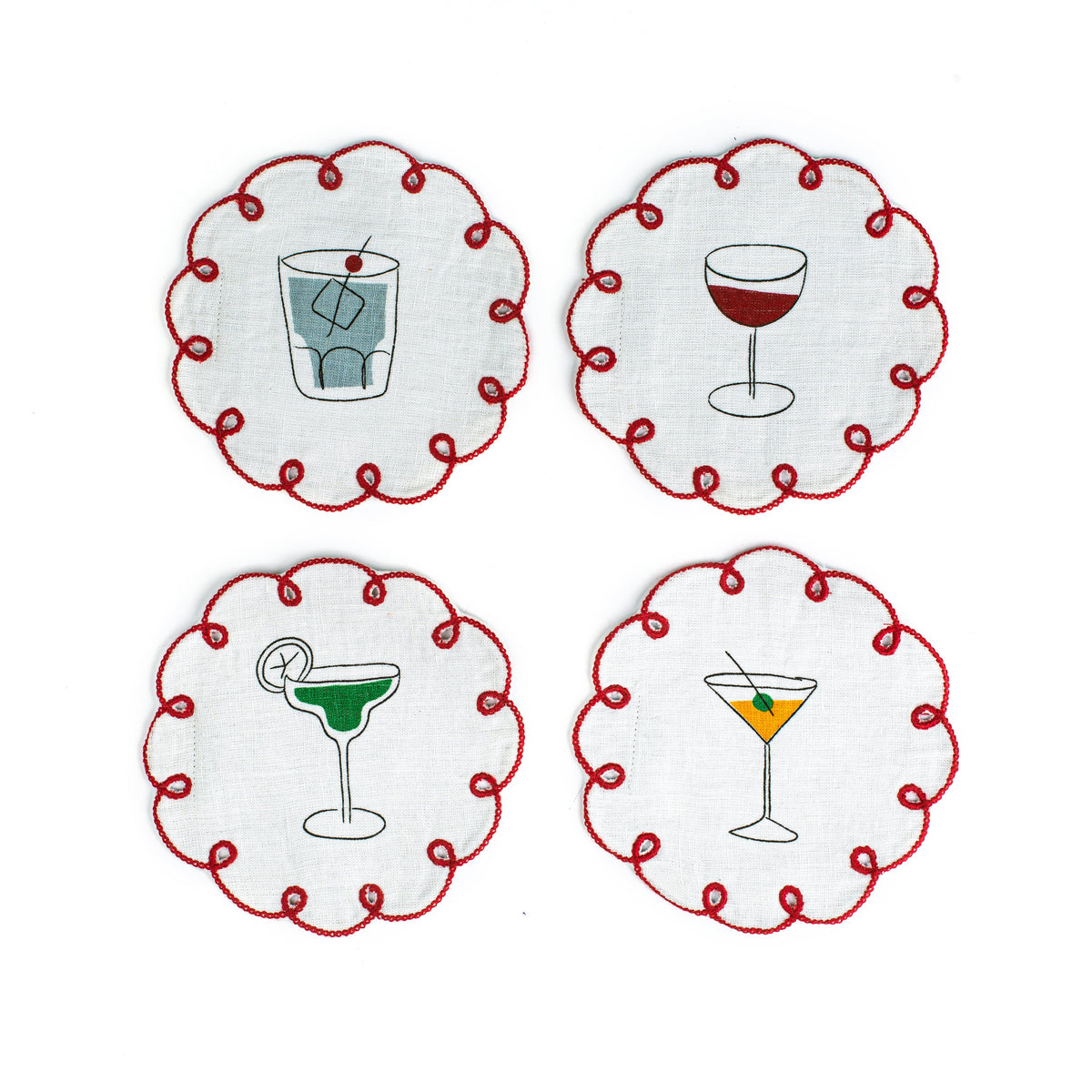 Fete Embroidered Linen Coasters, Set of 4