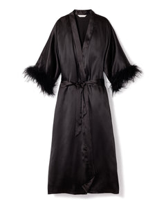 Women's Mulberry Black Silk Luxe Long Robe with Feathers