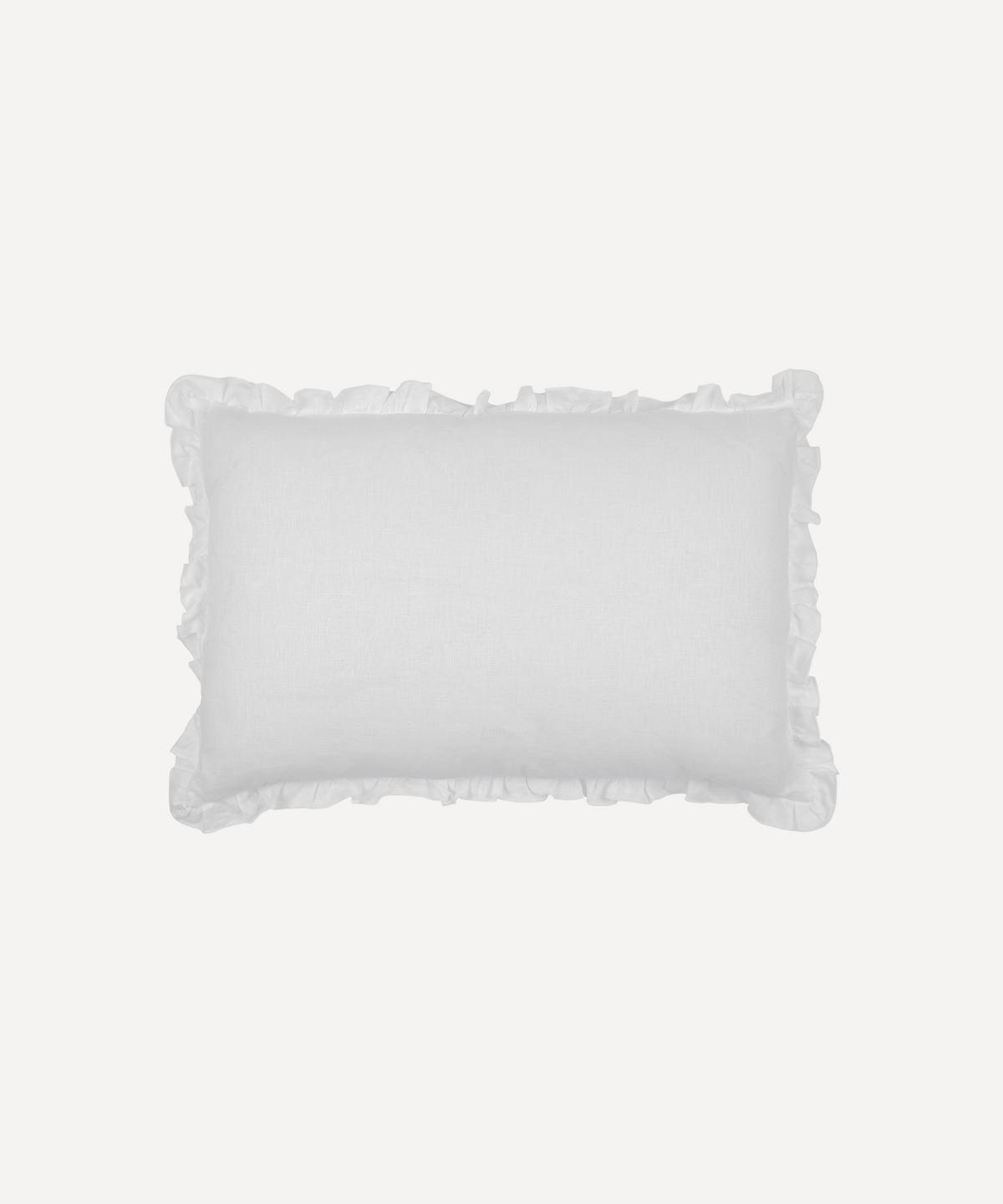 Front view of Ruffle Linen Cushion Cover in White showcasing delicate ruffle detail with a plain background