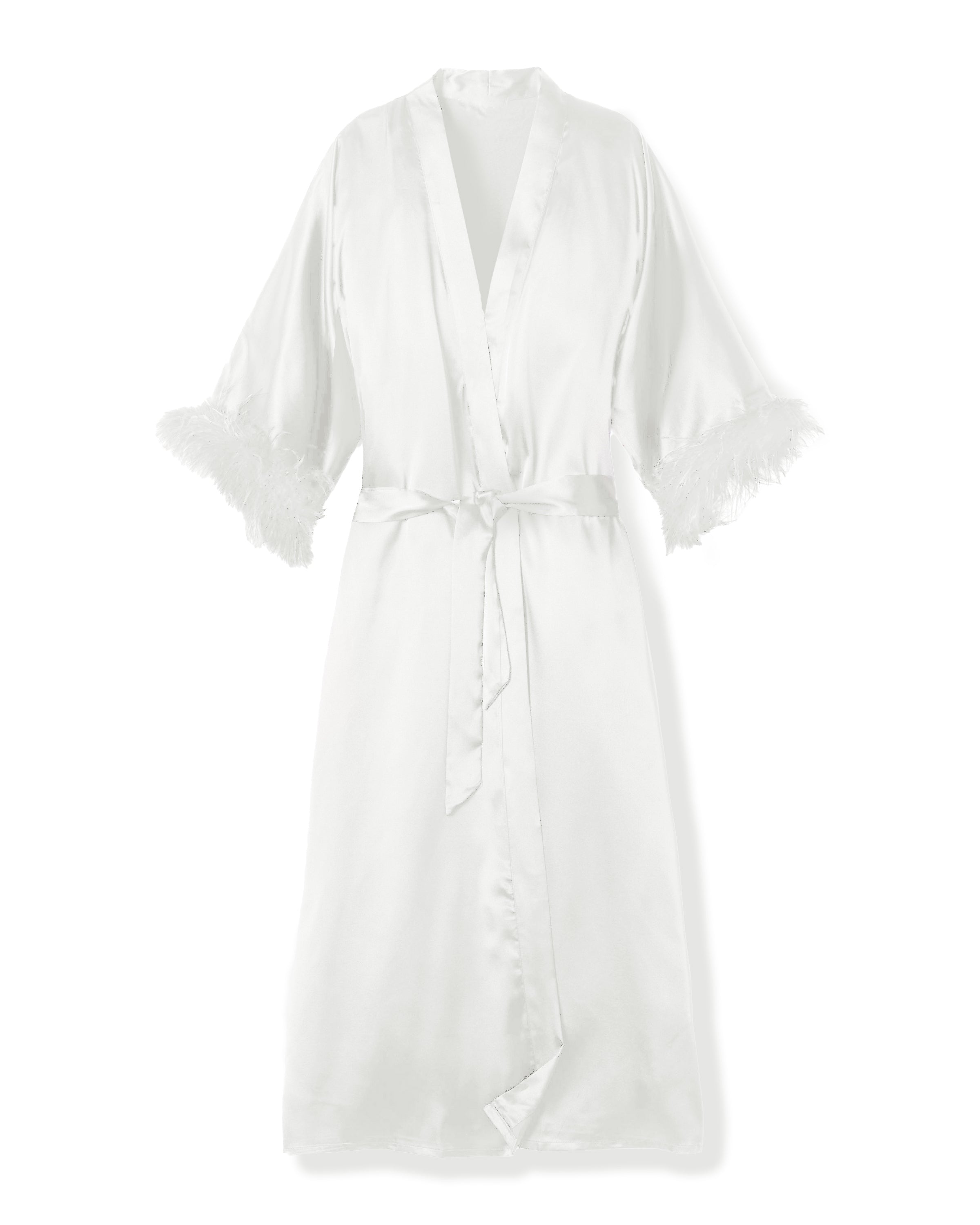 Women’s Mulberry White Silk Luxe Long Robe with Feathers