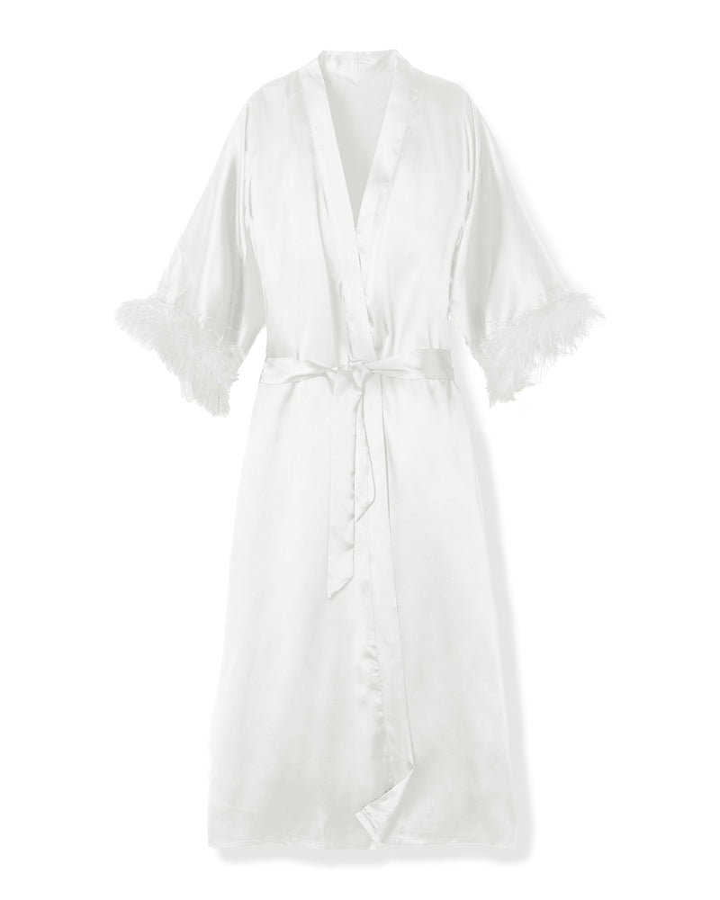 Women’s Mulberry White Silk Luxe Long Robe with Feathers