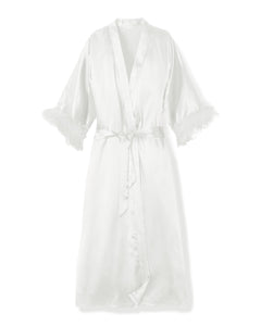Women's Mulberry White Silk Luxe Long Robe with Feathers