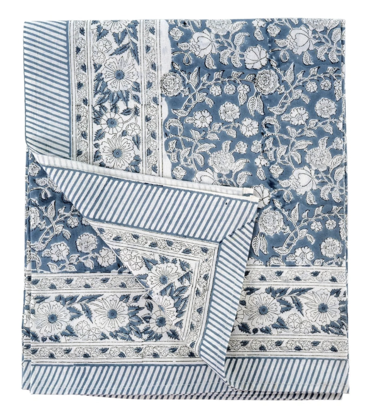 Botanical Hand Block Tablecloth in Blue