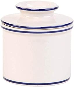 Butter Bell - The Original Butter Bell crock by L Tremain, a Countertop French Ceramic Butter Dish Keeper for Spreadable Butter, Le Bistro, White with Blue Banding