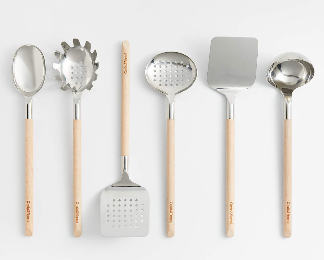 Crate & Barrel Beechwood and Stainless Steel Utensils, Set of 6