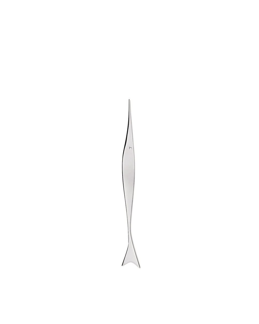 Front view of Pes Paper Knife, fish-shaped stainless steel letter opener with tapered tail on white background