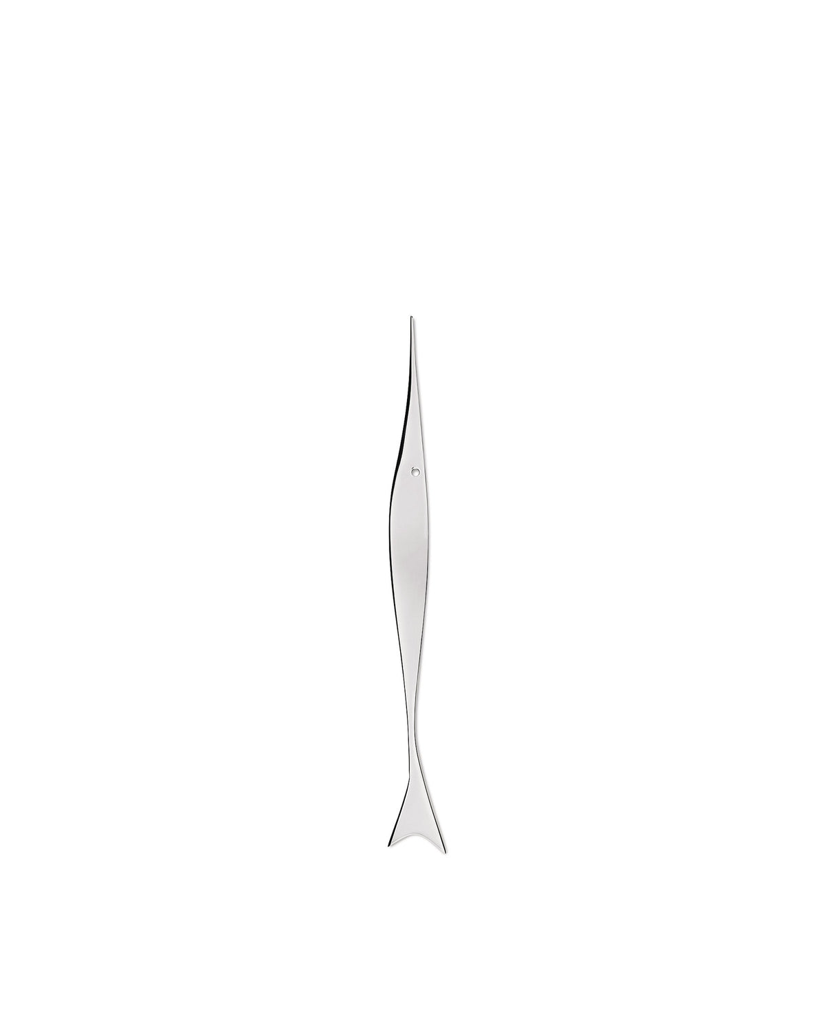 Front view of Pes Paper Knife, fish-shaped stainless steel letter opener with tapered tail on white background