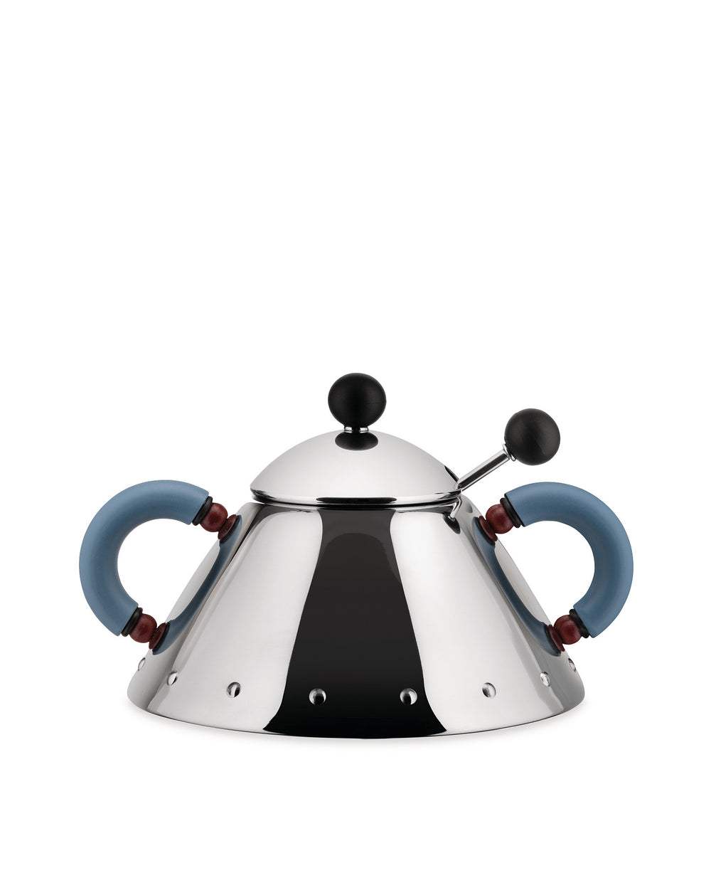 Front view of sugar bowl and spoon with stainless steel body, light blue handles and black knobs