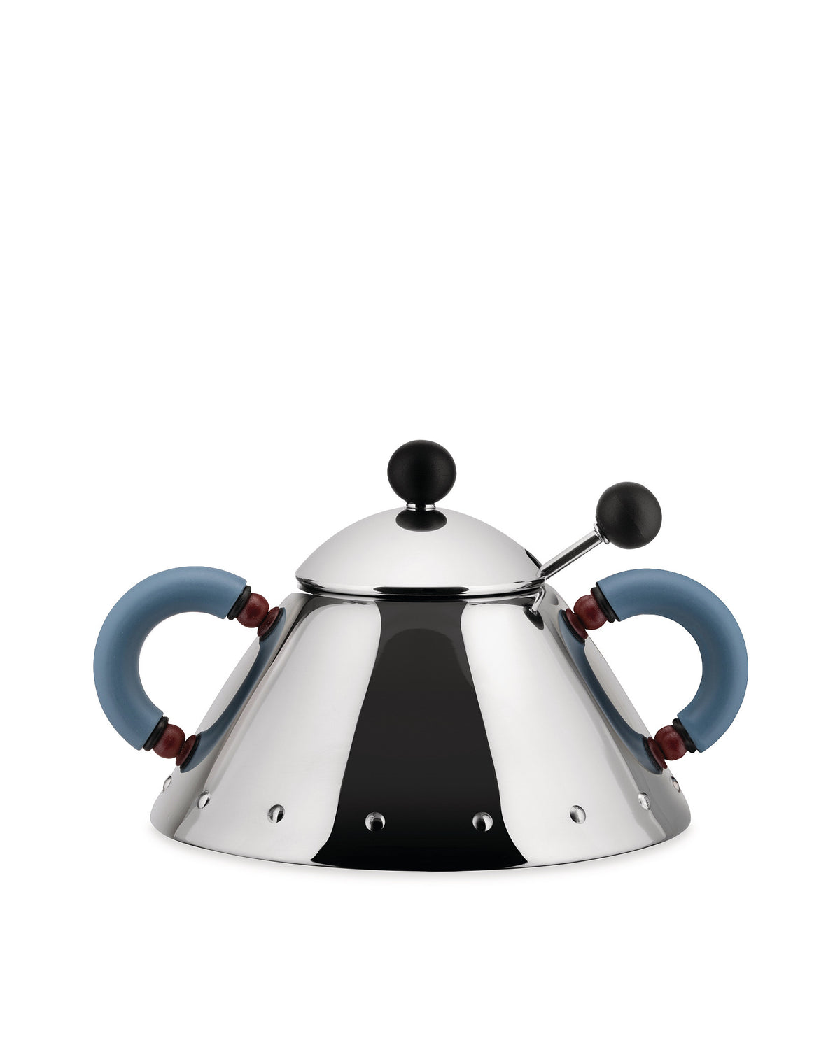 Front view of sugar bowl and spoon with stainless steel body, light blue handles and black knobs