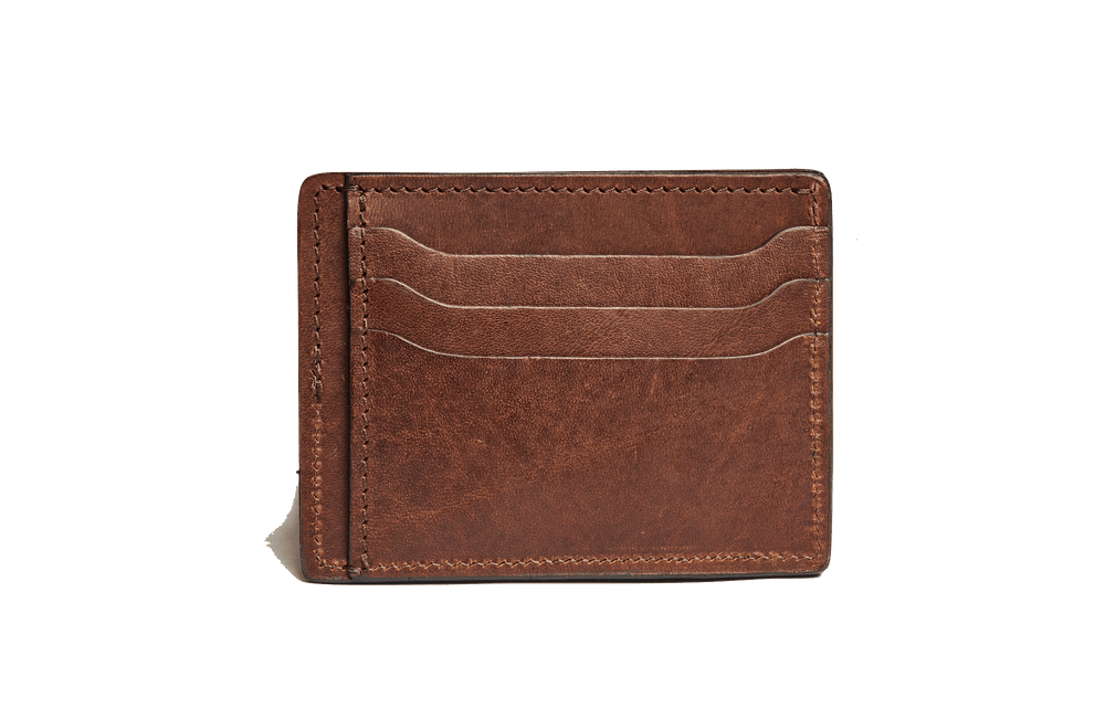 Front view of Tom Beckbe Slim Wallet in oak showing three card slots and a folded cash pocket on plain background