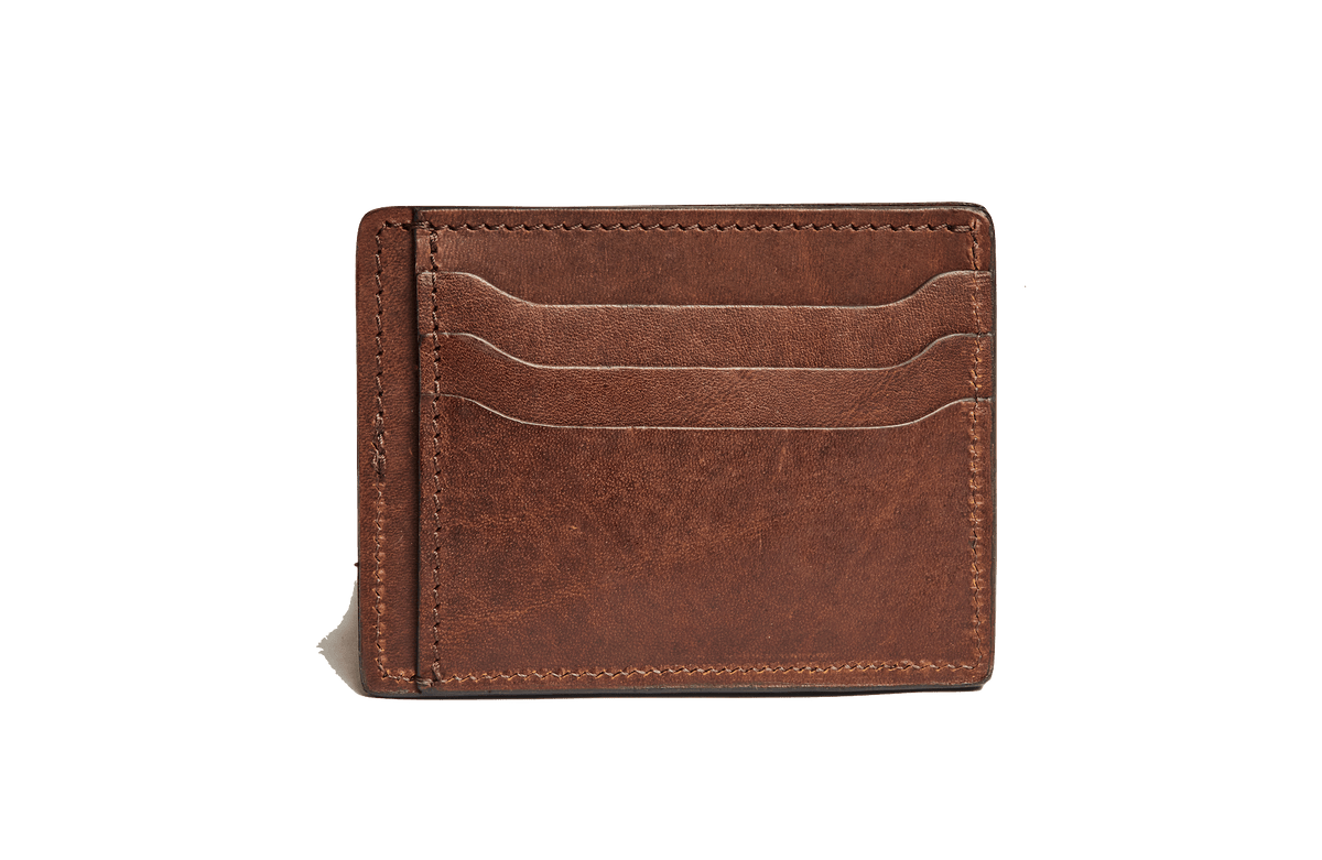 Front view of Tom Beckbe Slim Wallet in oak showing three card slots and a folded cash pocket on plain background