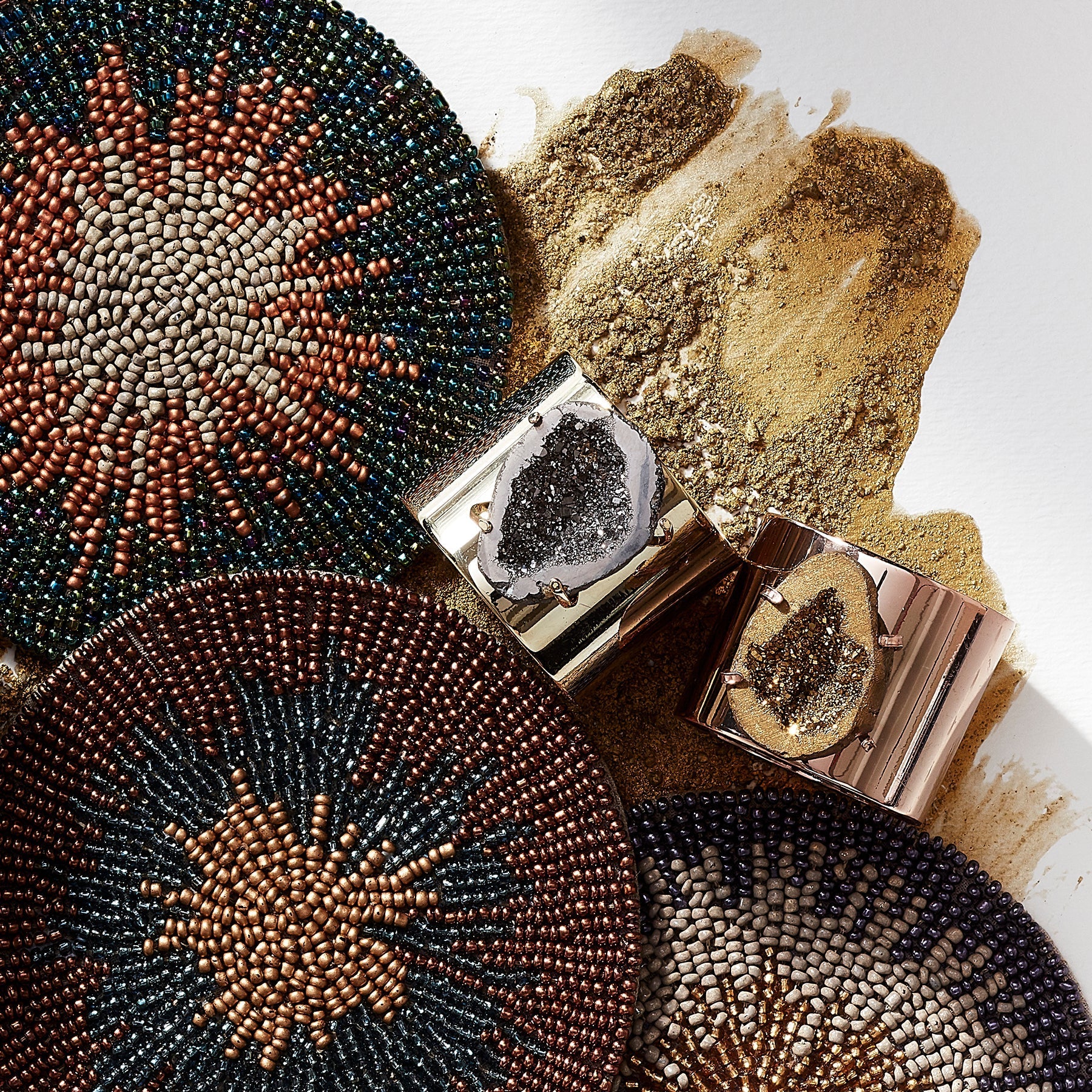 Druzy Napkin Rings in Gold with Gun Metal, Set of Two