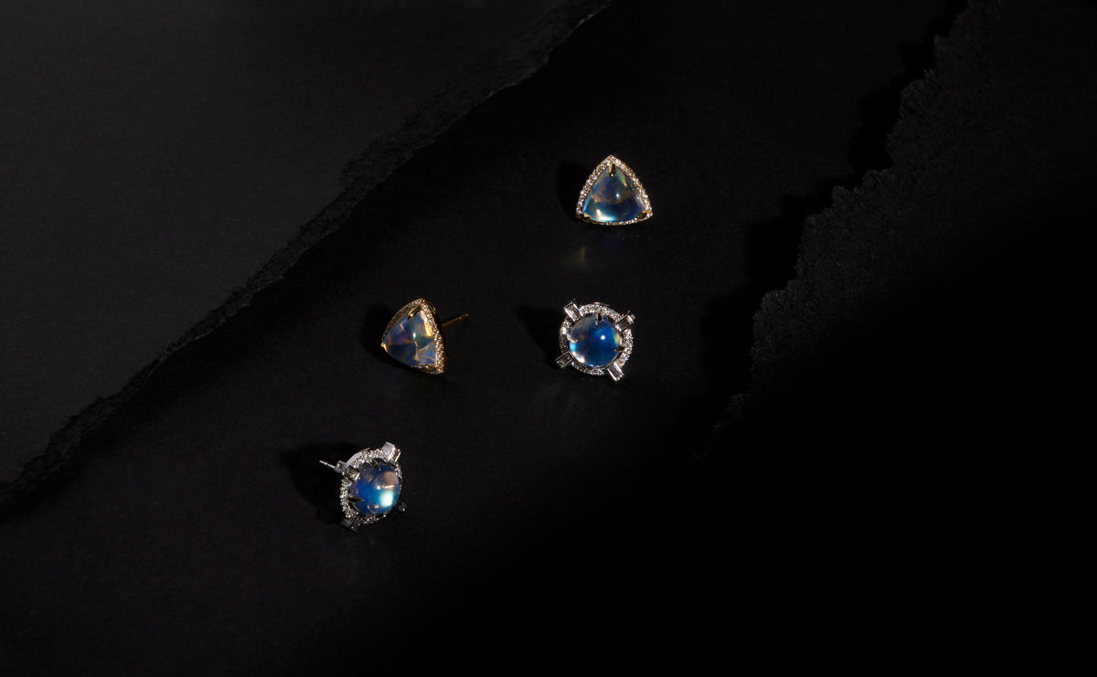 Round Starburst Moonstone and Diamond Stud Earrings
