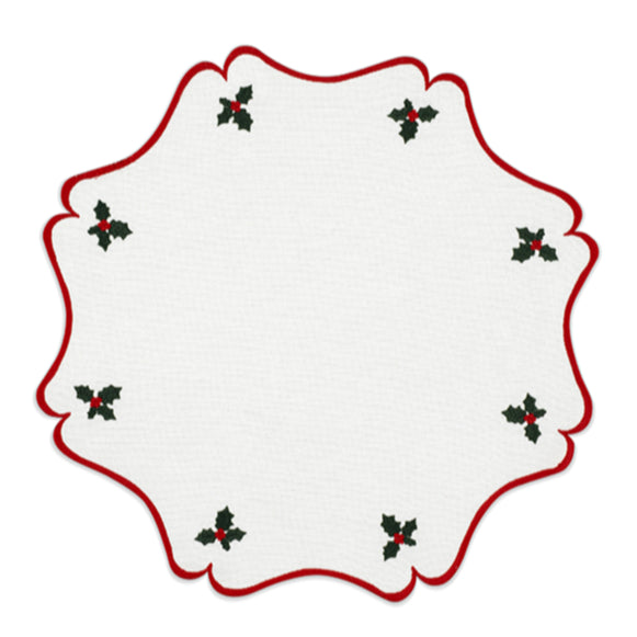 Vintage Holly Placemat in Cotton Cream with Christmas Red and Green Embroidery