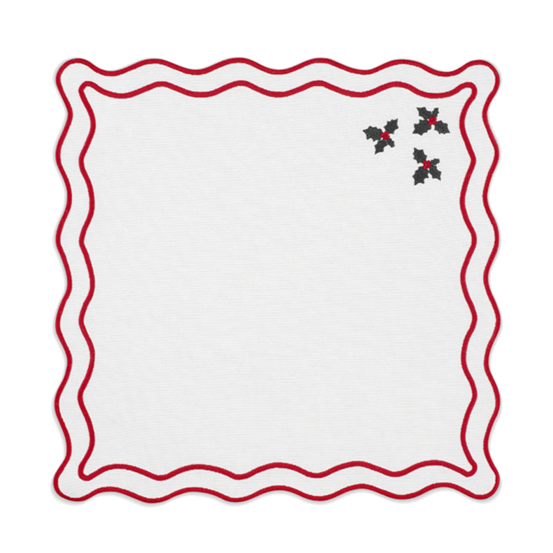 Vintage Holly Napkin in Cotton Cream with Christmas Red and Green Embroidery