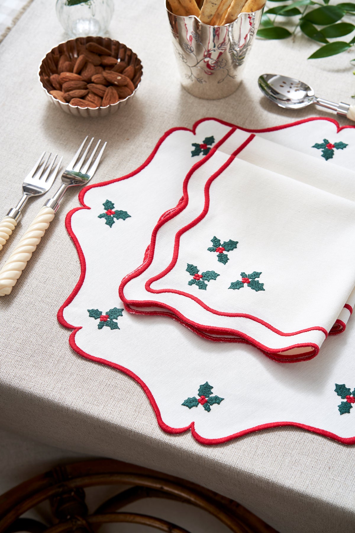 Vintage Holly Napkin in Cotton Cream with Christmas Red and Green Embroidery
