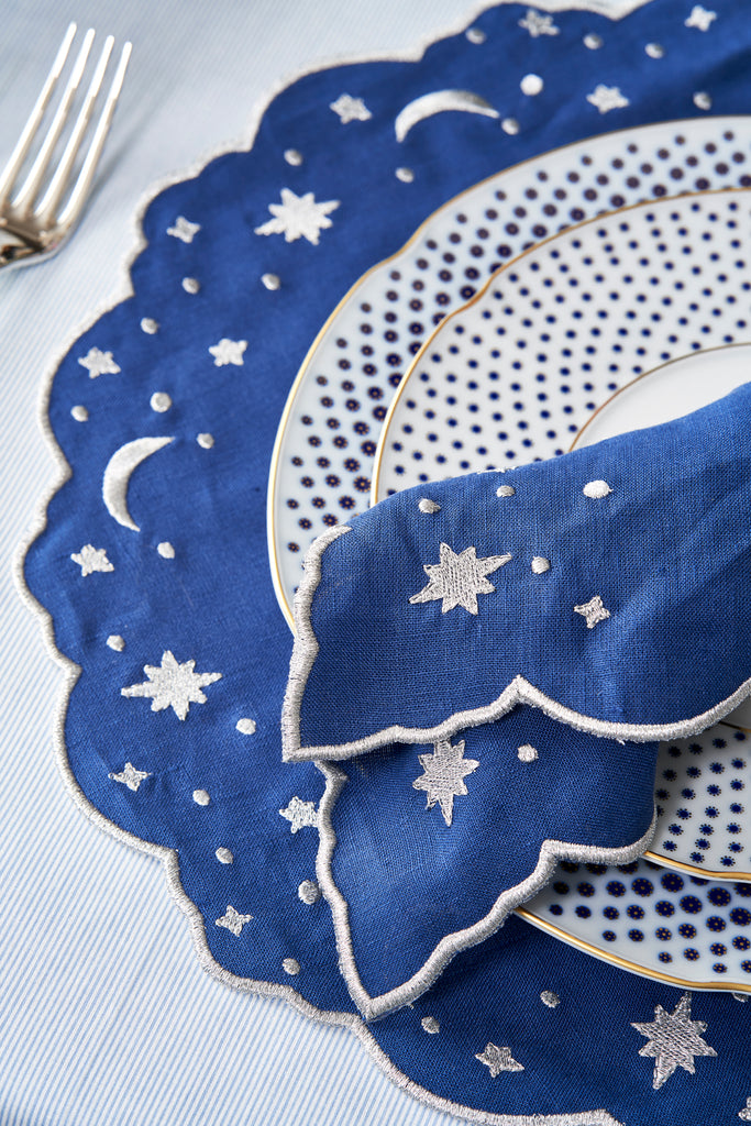 OTM Exclusive: Astral Linen Placemat in Midnight Blue and Silver Embroidery