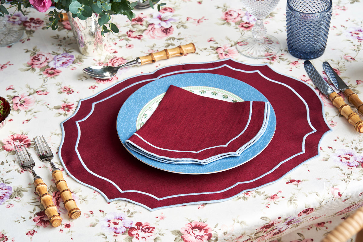 Emma Linen Placemat in Burgundy with Light Blue Embroidery